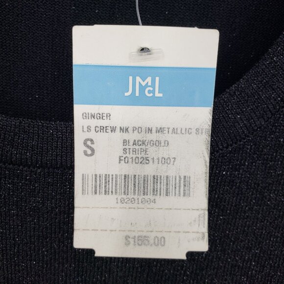 J McLaughlin Ginger Metallic Striped Crew Neck Sweater S Button Trim Black Gold - Picture 3 of 8